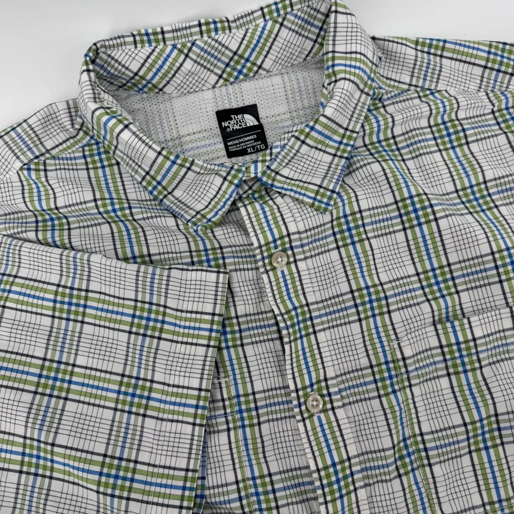 The North Face Men XL Plaid Short Sleeve Button Up Shirt Blue Green Hiking Trail